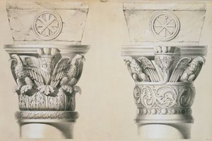 Capitelli bizantini dalle colonne nella navata della chiesa di San Demetrio a Salonicco, pub. da Day und Son da Charles Felix Marie Texier